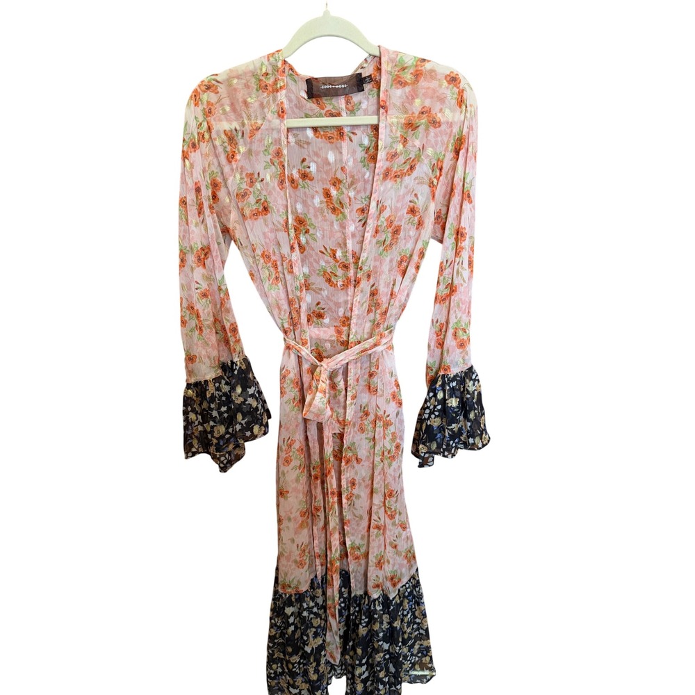 CODE X MODE Floral Print Maxi Kimono Robe Pink Orange Black Bell Sleeve‎ Size L